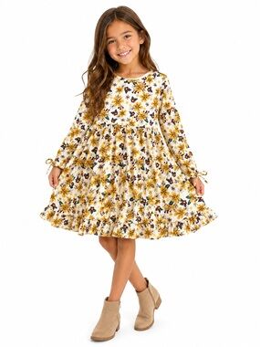 NWOT Marie Nicole 5xlGirls' Cream Floral Tiered Long-Sleeve Dress in Yellow